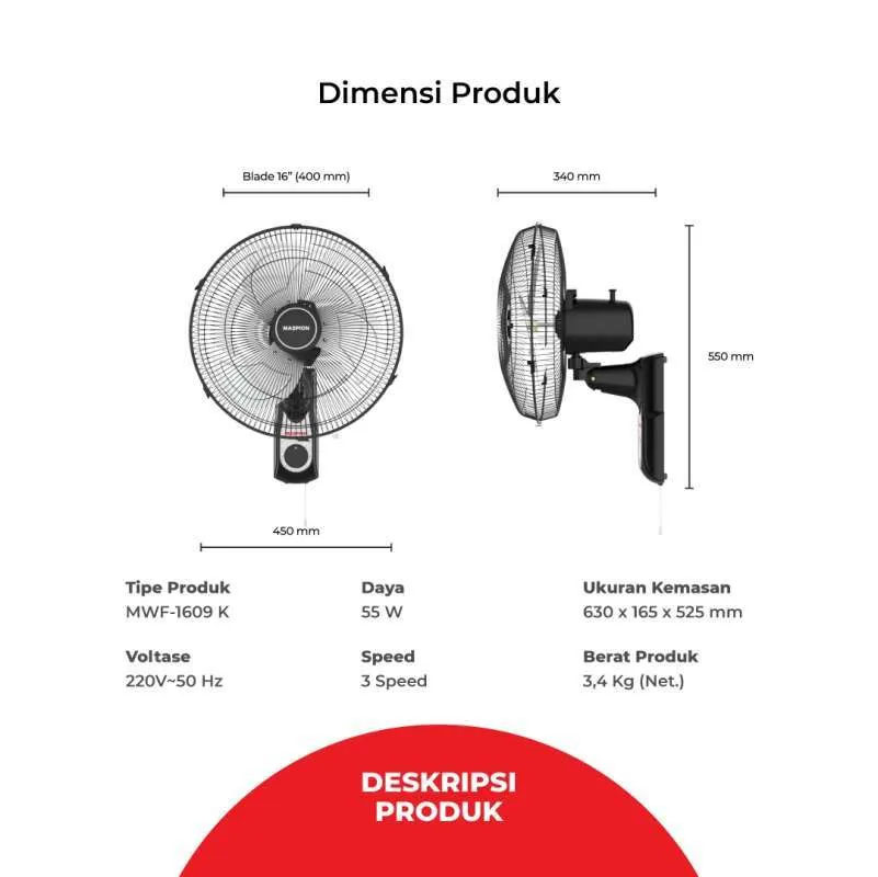 Maspion Kipas Dinding Wall Fan 16 Inch - MWF-1609 K | MWF1609K